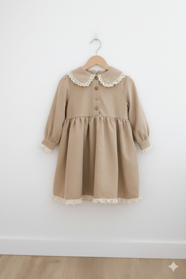 Vintage Beige Dress with Lace Trim